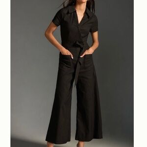 Maeve Black Colette Wrap Sbort Sleeves Collared Wide Leg Jumpsuit 00P 00 Petite